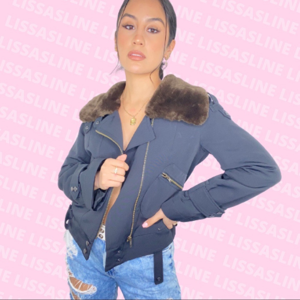 Y2K blk & brwn faux fur collar coat zip up jacket